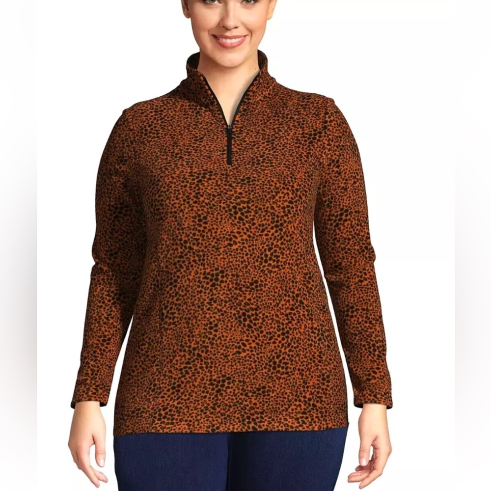 Lands' End Orange and Black Leopard Print Quarter-Zip Top